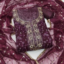 HERE&NOW Embellished Organza Unstitched Dress Material-image-46