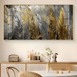 THE NEXT DECOR Golden And Silver Feather Glass Finish Horizontal Wall Art-image-81