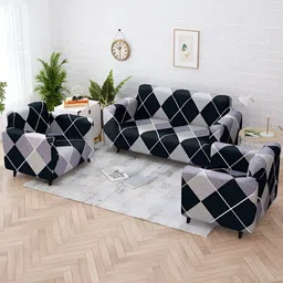 Story@home Navy Blue & Grey Printed Polyester 3 Piece Sofa Cover With Arms-image-78
