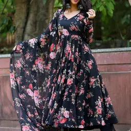 BAESD Floral Printed Pleated V-Neck Georgette Anarkali Kurta With Trousers & Dupatta-image-39