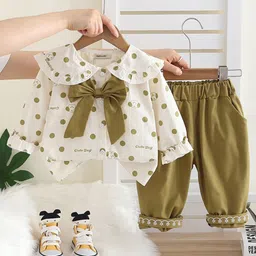 INCLUD Girls Polka Dot Printed Round Neck Top With Bow And Pants Set-picture-23