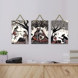 ArtVibes Black 3 Pieces Krishna Radha Minimal Folk Printed Wooden Hanging Wall Arts-image-94