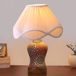 Devansh Off White Printed Frustum Shaped Wooden Table Lamp With Mosaic Glass Base-16