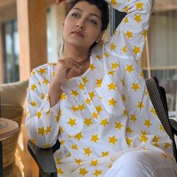 Tura Turi Women Yellow And White Star Printed Round Neck Cotton Night suit-image-24