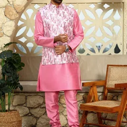 KRAFT INDIA Mandarin Collar Straight Kurta with Churidar & Tie-Dye Nehru Jacket-image-76