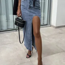 StyleCast Women Denim Straight Maxi Skirt with High Side Slit-picture-49
