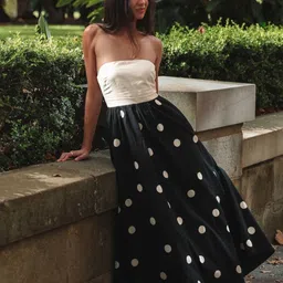 bebe Polka Dot Printed Strapless Fit & Flare Maxi Dress-image-5