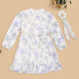 Pantaloons Junior Girls Floral Print Puff Sleeve Belted Fit & Flare Dress-picture-35