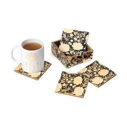 DULI Black And Cream 6-Pcs Floral Printed Enameled Square Wooden Coasters With Stand image 3