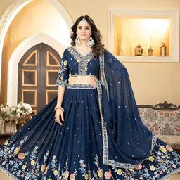 ODETTE Embroidered Thread Work Semi-Stitched Lehenga & Unstitched Blouse With Dupatta-picture-24