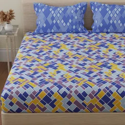 Huesland Blue & Yellow Geometric Printed 144 TC Cotton Queen Bedsheet Set 2.43 m x 2.23 m-image-49