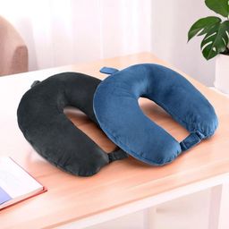 Aura Blue & Black 2 Pieces Memory Foam Filled Faux Velvet Travel Pillow-40