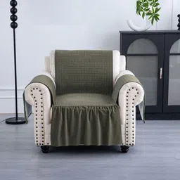 Aura Green Checked Velvet 1 Piece Sofa Cover-image-18