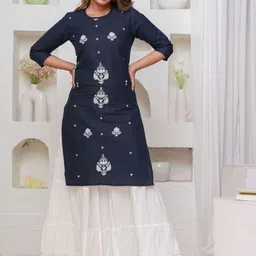 Mehsoos Floral Embroidered Thread Work Pure Cotton Straight Kurta With Skirt-picture-6