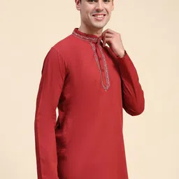 SKAVIJ Thread Work Mandarin Collar Cotton Short Straight Kurta-image-4