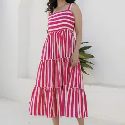 Kohsh Striped Cotton Midi Flared Ethnic Dress-image-79