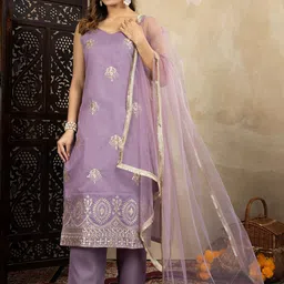 House of Pataudi Floral Embroidered Shoulder Straps Straight Kurta & Trousers With Dupatta-picture-29
