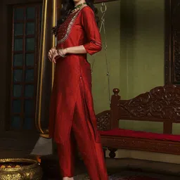 Sangria Rust Floral Yoke Design Mirror Work Straight Kurta With Trouser & Dupatta image 4