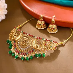 Yellow Chimes Ethnic Gold-Plated Artificial Stone-Studded & Beaded Jewellery Set-image-29