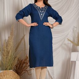 JEMCY Yoke Design Embroidered Notch-Neck Straight Pure Cotton Kurta-image-46