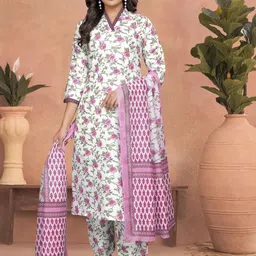 DIVASTRI Floral Printed V-Neck Pure Cotton Straight Kurta With Trousers & Dupatta-image-29