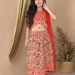 Kinder Kids Girls Printed Cotton Ready to Wear Lehenga & Blouse With Dupatta-image-93