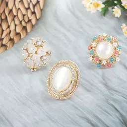 PRIVIU Set Of 3 Gold-Plated Stone-Studded Finger Ring-6