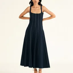 Shop Staple Women Square Neck Fit And Flare Denim Midi Dress-image-10