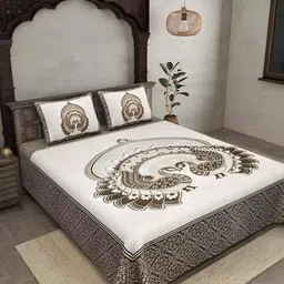 Bombay Spreads Blue & Beige Printed Pure Cottton 180 TC King Bedsheet Set-2.74 m x 2.20 m-image-98