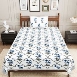 Urban Jaipur Blue & White Floral 210 TC Single Bedsheet with 1 Pillow Covers-image-87