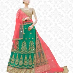 MANVAA Green & Pink Embroidered Beads and Stones Semi-Stitched Lehenga & Unstitched Blouse With Dupatta-17