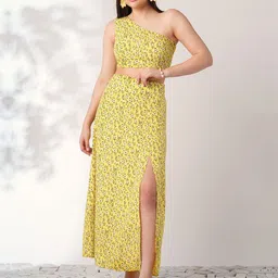 Globus Floral Printed One Shoulder Crop Top With Side Slit Maxi Skirt Co-Ord-image-15