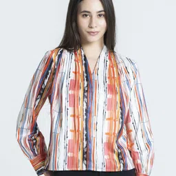 SHAYE White V-Neck Striped Print Full Sleeves Casual Tops For Women-image-15