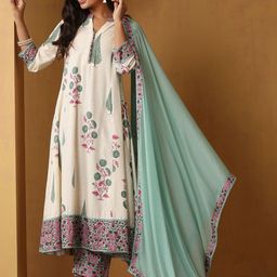 Khushal K Floral Printed Mandarin Collar Pure Cotton A-Line Kurta With Trousers & Dupatta-picture-16