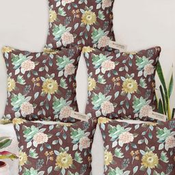 Blue Grass Brown & Green 5 Pieces Floral Velvet Square Cushion Covers-image-60