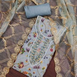 SHADOW & SAINING Floral Embroidered Zari Work Organza Semi-Stitched Dress Material-picture-6