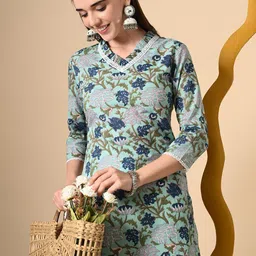 CRENOL THREADS Floral Printed V-Neck Straight Kurta-image-35