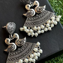 Aasira German Silver-Plated Pearls Beaded Peacock Shaped Oxidised Chandbalis-picture-16