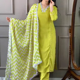 BAESD Panelled V-Neck Thread Work Chinon Straight Kurta With Trousers & Dupatta-10
