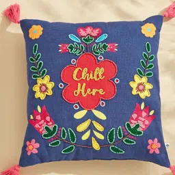 Home Centre Glance Blue & Yellow Beaded Filled Cushion-51