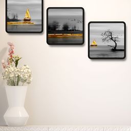 SAF Grey & Yellow 3 Pieces Abstract Printed Wooden Wall Art-21