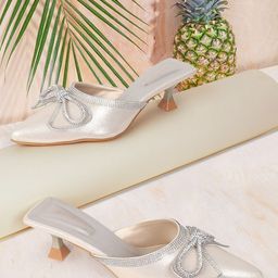 DressBerry Embellished Party Kitten Mules with Bows-58