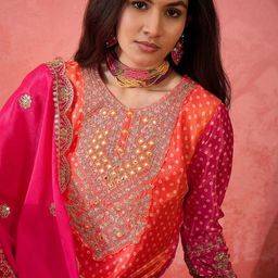 MANVAA Women Bandhani Embroidered Regular Sequinned Kurta with Trousers & With Dupatta-image-67