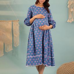 Ikk Kudi by Seerat Floral Print Cuffed Sleeves Maternity Fit & Flare Midi Dress-picture-17