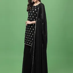 PARROT CREATION Women Embroidered Regular Sequinned Kurti with Sharara & With Dupatta-1