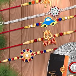 DeoDap Rakhi Set Set of 5 with Pooja Thali & Silver Coin-image-94