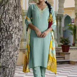 KALINI Women Floral Embroidered Regular Thread Work Kurta with Trousers & Dupatta-picture-13
