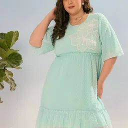 SASSAFRAS Women Round Neck Puff Sleeves Fit and Flare Dress-image-34