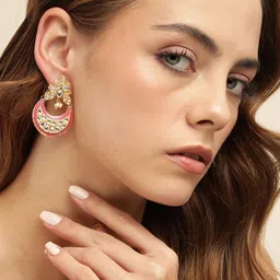 Anouk Gold Plated Artificial Stones Studded & Beaded Crescent Shaped Drop Earrings-image-48