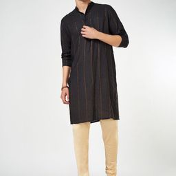 indus route by Pantaloons Striped Woven Design Pure Cotton Mandarin Collar Straight Kurta-image-15